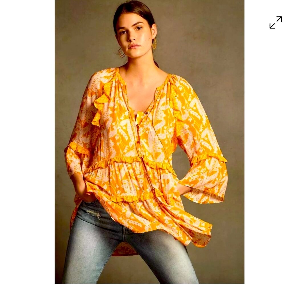ANTHROPOLOGIE Mia Tiered Ruffle Trim Flounce Boho Tunic Top Mini Dress Womens M - Picture 6 of 6